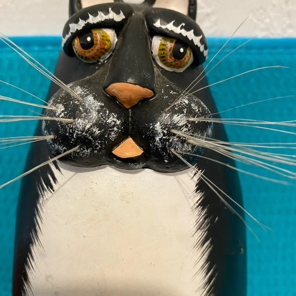 ENESCO 1997 Vicki Thomas “Gourd Cat Figurine” 8.5” Black/White Fiber Whiskrs EUC